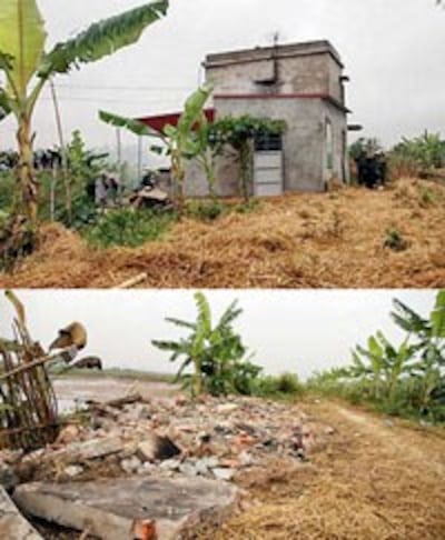 Nhà ông Đoàn Văn Vươn không nằm trong diện tích cưỡng chế nhưng vẫn bị phá ủi sập. Source nld.com