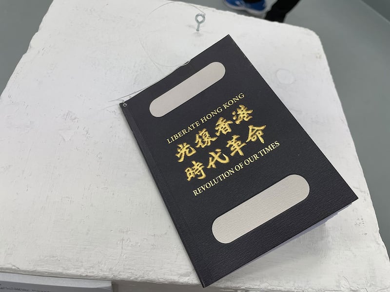 流亡台湾的香港艺术家黄国才的作品“光复香港时代革命护照”。 (吕熙摄)
