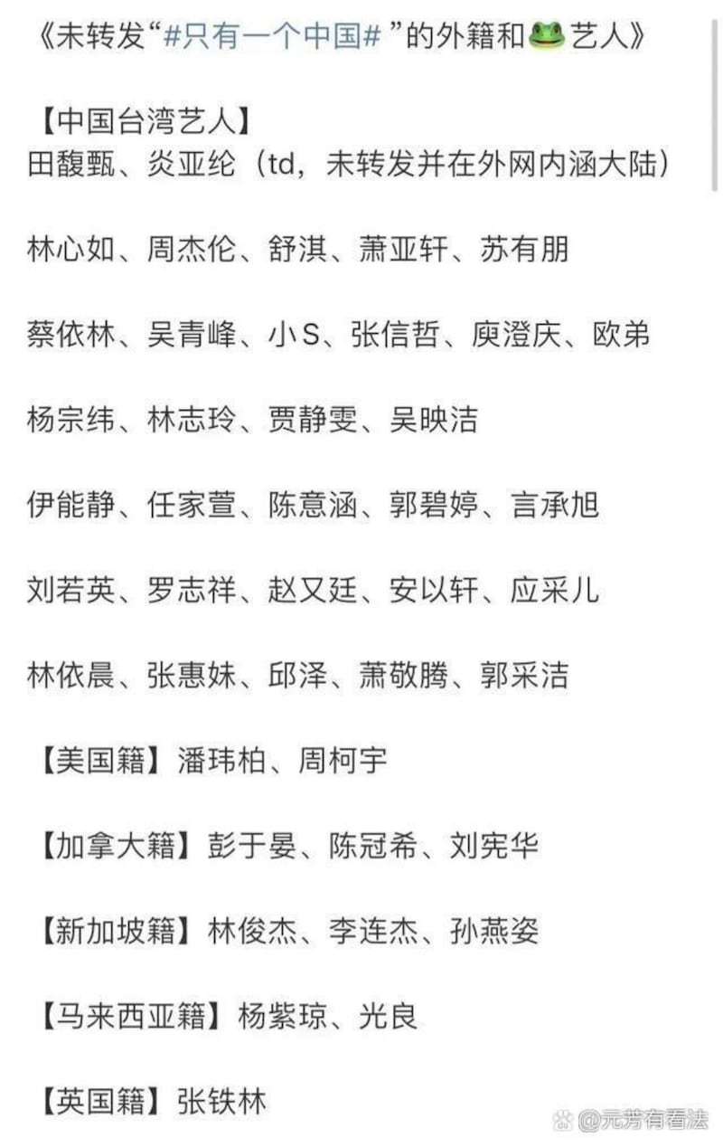 未转发“只有一个中国”的艺人名单,这一名单正流传于中国网络。(来自百度动态)