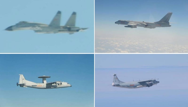 左上:中共歼-11机型。 右上:中共轰-6机型。 左下:中共空警500机型。 右下:中共运-8远干机型。(台湾国防部提供)