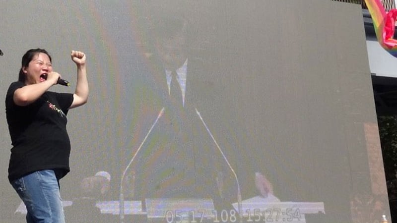 立法院长苏嘉全在国会殿堂宣布三读通过敲槌后,场外振奋。(记者夏小华摄)