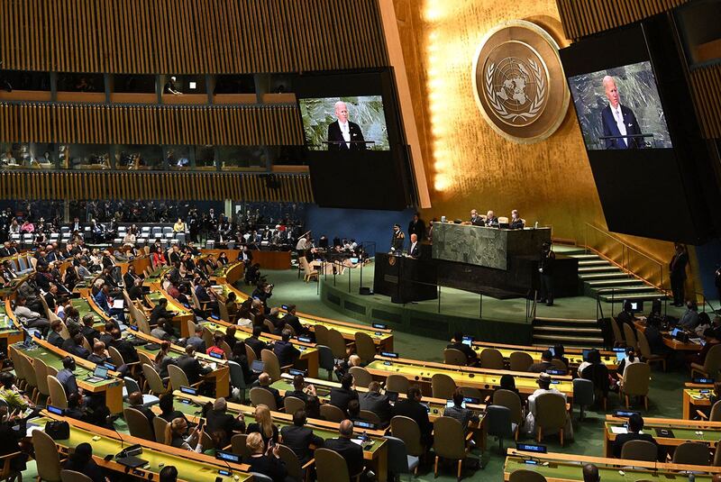 2022年9月21日,美国总统拜登在第77届联合国大会上发言。(法新社)