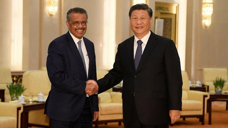 中国领导人习近平2020年1月28日在北京会见世界卫生组织总干事谭德塞（左）（路透社）