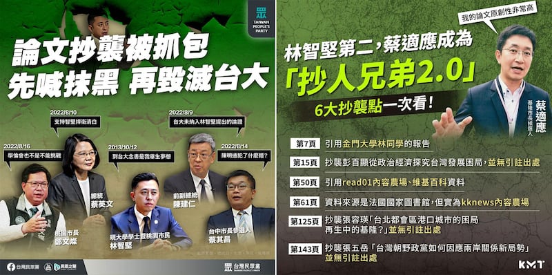 左图:前民进党籍新竹市长参选人林智坚被控论文涉抄袭,经二所大学认定抄袭并追回他二个硕士论文,林智坚宣布退选。(台湾民众党脸书) 右图:民进党籍基隆市长参选人蔡适应被控论文涉抄袭。(中国国民党脸书)