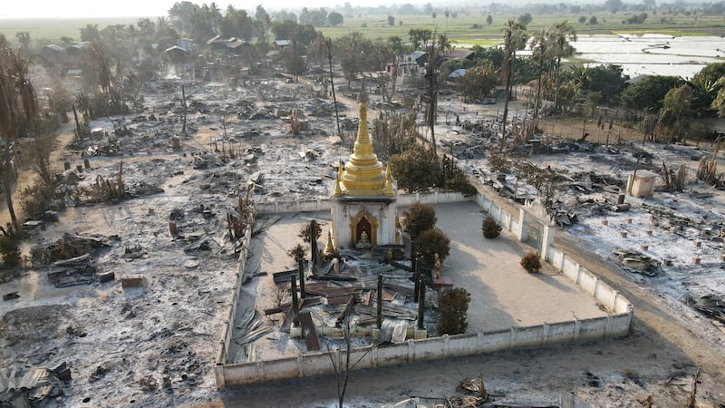 An aerial view of Bin village of the Mingin Township in Sagaing region after villagers say it was set ablaze by the Myanmar military, Feb. 2022. Credit: Reuters