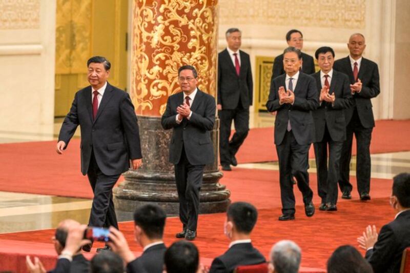 去年十月中共举行二十大后,中共中央政治局的多数成员已经是习近平的心腹。(美联社图片)